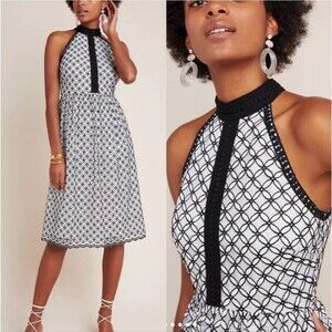 Anthropologie Eri + Ali Ninetta Lace Midi Dress Black White womens size 12 P